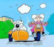 a cartoon of a man riding a motorcycle next to a polar bear .