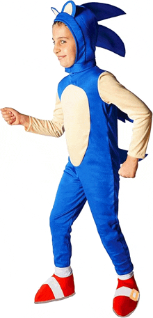 a young boy in a sonic the hedgehog costume is walking