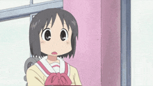 a girl in a school uniform is standing in front of a window with a pink curtain behind her
