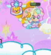 a cartoon drawing of a girl sitting on a cloud with a clock on her head .