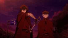 a man in a red cape holds a sword while standing next to another man