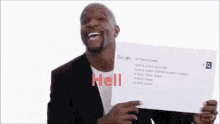 a man in a suit is holding a sign that says `` hell '' in front of a google search bar .