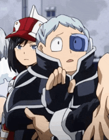 a group of anime characters are standing next to each other and one of them is wearing a red hat .
