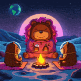 a cartoon of two bears sitting around a fire