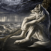 a white wolf is sitting on a tree branch looking at the ocean .