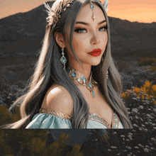 a woman wearing a necklace and earrings is standing in a field
