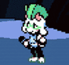 a pixel art drawing of a person with green hair standing on a blue surface .