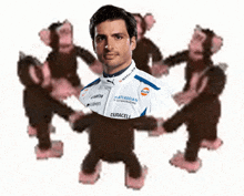 a man in a gulf jacket is surrounded by pink monkeys