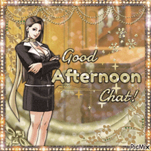 a picture of a woman with the words " good afternoon chat " on it