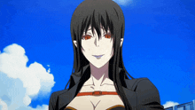 a woman with long black hair and red eyes looks at the camera