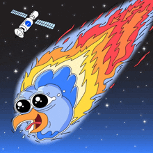 a cartoon illustration of a chicken flying through space