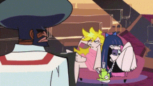 a cartoon of a man talking to two girls