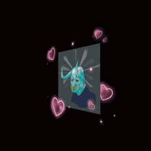 a picture of a demon with horns and hearts around it