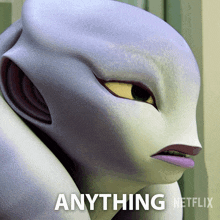 a close up of a cartoon character with the words anything netflix behind him