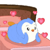 a blue penguin is laying on a bed with pink hearts around it