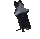 a pixel art drawing of a black cat standing on its hind legs on a white background .