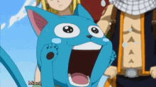 a cartoon cat with its mouth open is being held by a girl