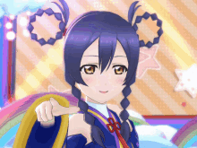 a cartoon girl with blue hair and braids is pointing at the camera