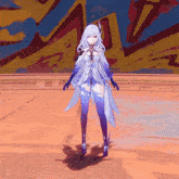 a girl in a purple dress is standing in front of a wall with graffiti on it