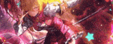 a girl with blonde hair and a pink dress is holding a sword in her hand .