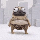 a pug wearing a leopard print bikini is standing in front of a city
