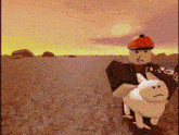 a roblox character is holding a white rabbit in his arms in the desert .
