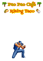 a video game character is doing a handstand in front of a logo for pao pao cafe rising taco