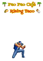 a video game character is doing a handstand in front of a logo for pao pao cafe rising taco