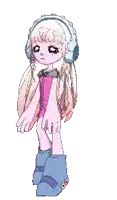 a pixel art drawing of a girl with headphones on her head