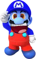 a cartoon character wearing overalls and a blue hat with a white m on it