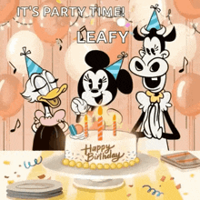 mickey mouse , minnie mouse and daisy duck are sitting at a table with a birthday cake and balloons .