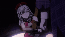 a girl in a red hat is holding a guitar in her hands
