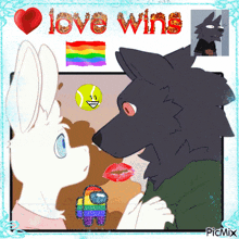 a picture of a rabbit and a wolf with the words love wins written in red