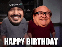 a man wearing a hat that says multiverse is next to a man wearing glasses that says happy birthday