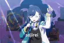a girl is singing into a microphone and the word sojirei is on the bottom