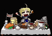 a pixel art of a girl standing in front of a table filled with food and drinks .