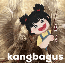 a cartoon of a girl holding a stick with the word kangbagus on the bottom right