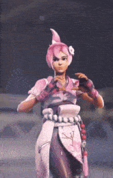 a girl with pink hair and a flower in her hair is standing in a dark room