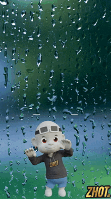 a cartoon character wearing a zhot shirt stands in front of a window with water drops on it