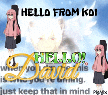 a girl with pink hair is holding a guitar case and says hello from koi