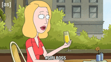 a cartoon of a woman sitting at a table holding a glass of orange juice with the hashtag #girlboss