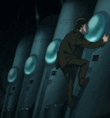 a man in a suit is climbing up a row of tubes with the letters ii and iii on them