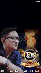 a man wearing glasses stands in front of a billiard logo
