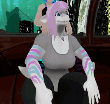 a shark with purple hair and blue stripes on her arms