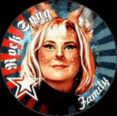 a portrait of a woman with a fox ear and the words rock song family