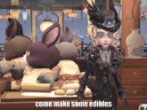 a cartoon character with the words come make some edibles below her
