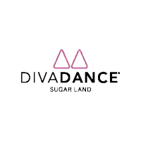 the logo for divadance sugar land is a pink and black logo with a pink triangle in the middle .