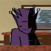 a purple and black cartoon character with a crown on their head