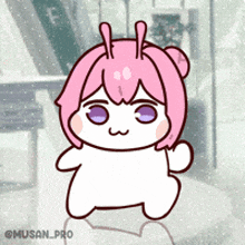 a cartoon character with purple eyes and pink hair