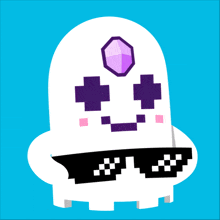 a cartoon ghost wearing sunglasses and a purple jewel on its head